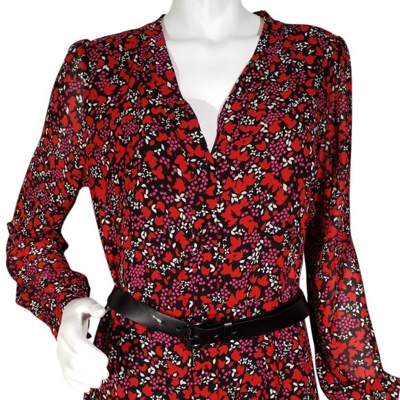 Michael Kors Red Floral Chiffon Midi Dress | Size Medium | Long Sleeve NWOT - Picture 2 of 6